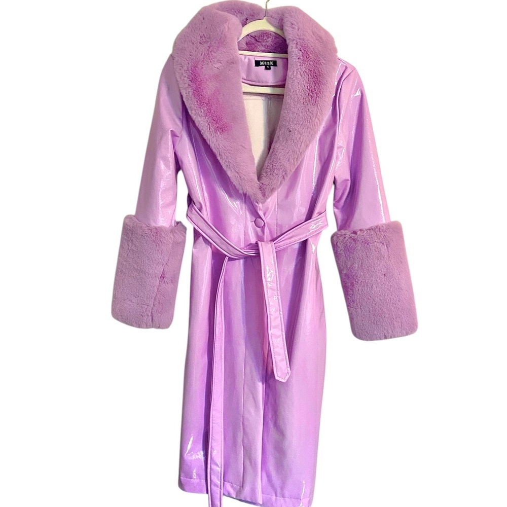 Dolls Kill Vinyl Fur Trim Trench Coat in Purple Lilac with Belt Size Small